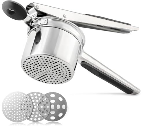 Kartoffelpresse, Kartoffelpresse Edelstahl, 3 Arten Von Austauschbaren Press-Tabs Gemüse und Obst Spätzlepressess, Pagettieis Quetsche Griff aus Silikon, Feines Maischen Lochpürierstab