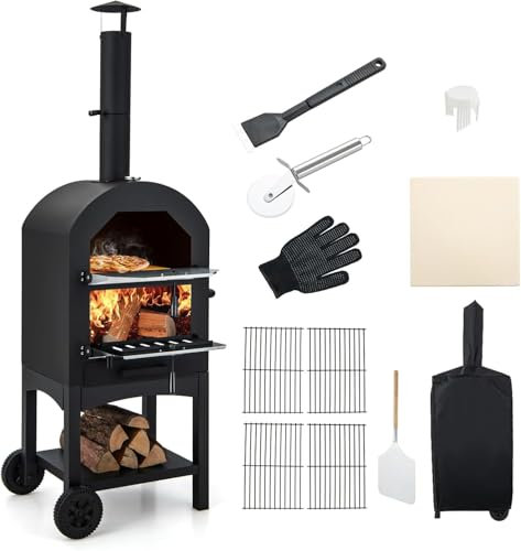 FANTASK Outdoor Pizzaofen mit eingebautem Thermometer, holzbefeuerter Pizzaofen mit praktischem Griff, Rädern, wasserdichtem Deckel & Ascheauffangschublade