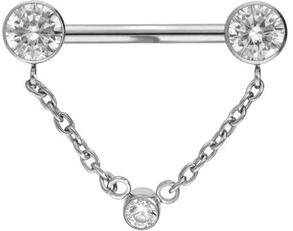 PIERCINGLINE Titan Barbell mit Push Fit KETTE + KRISTALLDISCS Brustwarzenpiercing Nippelpiercing Silberfarben 1,6 x 14 mm