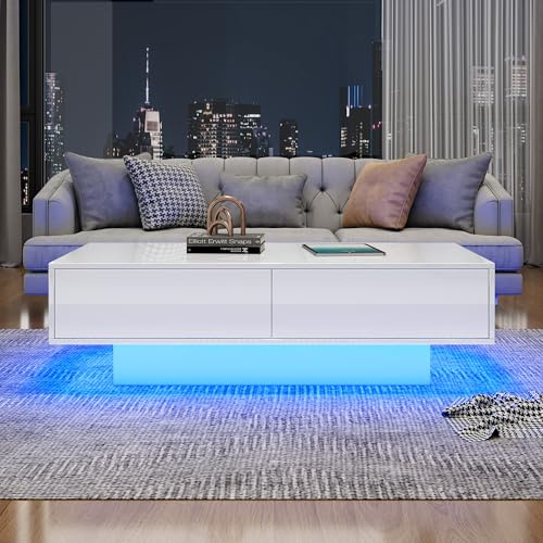 Shye Moderner Hochglanz Couchtisch in Weiß, 115 x 55 x 34 cm, mit 2 Schubladen, LED-Beleuchtung und 30 kg Tragkraft – Eleganter Wohnzimmertisch