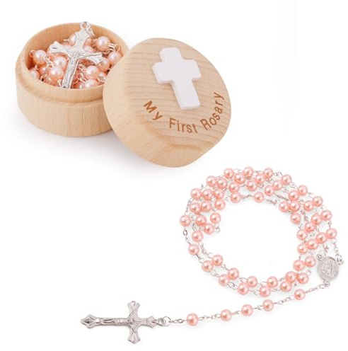 Cadeaux de Baptême My First Rosary, Boîte à Souvenirs de Baptême Collier de Chapelet Rose Cadeaux de Baptême Cadeaux de Première Communion Catholique Boîte à Chapelet pour Baby Shower