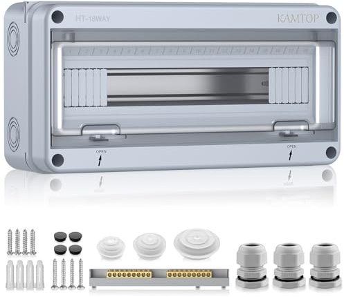 Kamtop Centralina Elettrica Professionale IP65-18 Moduli con 9 Morsetti Industriali e 9 Prese Schuko, Ideale per Serra Agricola, Officine Esterne e Impianti Zootecnici