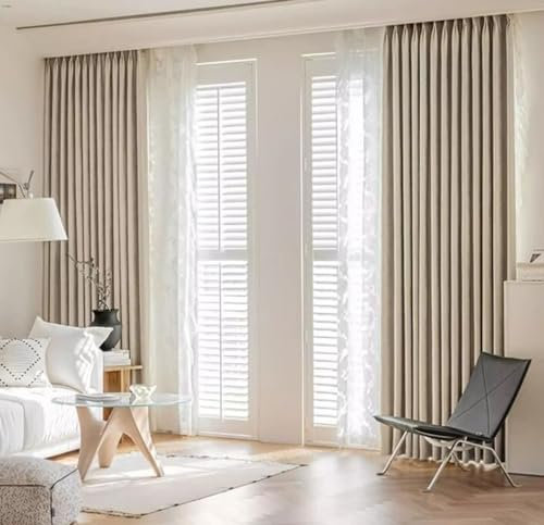 Epinki Vorhänge Wohnzimmer Deko Gardinen mit Ösen 2 Stück, Blickdicht Vorhang Teenager Einfarbig Stickerei Muster Verdunkelungsvorhang Extra Breit Chenille Hell Khaki H138 x B96 cm