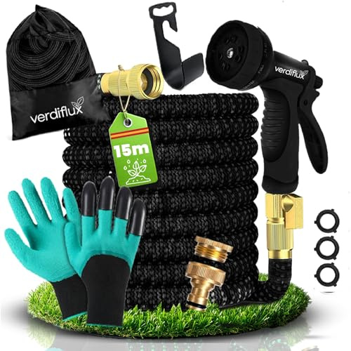 Manguera Jardin 15 metros con 10 Funciones de Riego, Manguera Extensible con Conectores 3/4 y 1/2, 2 Guantes Incluidos, Manguera de Alta Resistencia Ligera y Duradera, Color Negro Verdiflux