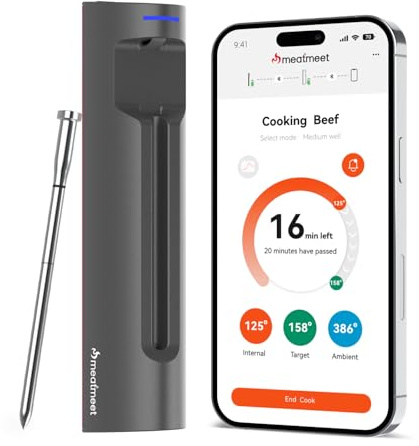 Meatmeet S Pro Fleischthermometer Kabellos mit Bluetooth, 6 Temperatursensoren arbeiten gleichzeitig, ±0,1°C Genauigkeit, App-Überwachung mit Timer und Alarm, IP69 wasserdicht und ölbeständig