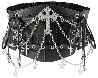 WDIRARA Women's Faux Leather Corset Belt Chain Goth Punk Cross Lace Up Side Elastic Waist Corset Black Small