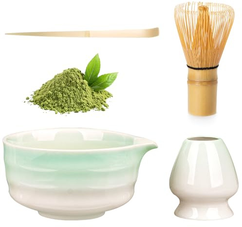 Matcha Set, AZ GOGO 4-Teiliges Premium Matcha-Set inkl. Matcha-Schale mit Ausgießer, Chasen (Bambusbesen), Chasen-Halter & Matcha-Löffel | Traditionelles Matcha-Tee-Zubehör
