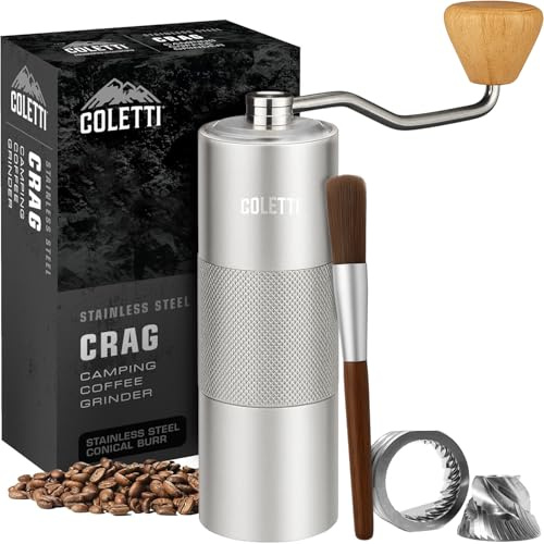 COLETTI Crag Manuelle Kaffeemühle — Handkaffeemühle — CNC-Frässtift Präzisions-Handmahlwerk Heavy Duty für Reisen, Camping, Wandern & Abenteuer - Inklusive Bürste [Gebürsteter Edelstahl]
