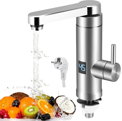 Elektrischer Wasserhahn Edelstahl, 220V 3000W Sofortiger Warm Wasserhahn mit LED Digitalanzeige und 360 Grad Drehbar, Einstellbare Temperatur Heiz- und Kaltwasserhahn für Küche und Bad