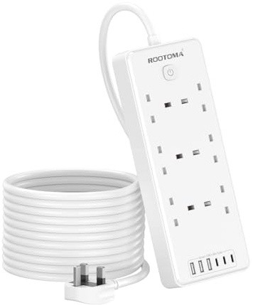 Extension Lead 5M with 6 USB Slots, 6 Way Surge Protection | With Switch, Wall Mounted Multi Plug Power Strip for Home Bedroom Kitchen Office, White