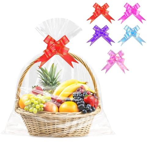 MINISOISO 10 Stück Große Geschenkfolie Transparent Cellophantüten (60 x 76 cm), Durchsichtiges Geschenkpapier Cellophantüten mit 10 Zugschleifen für Blumen, Geschenkkörbe, Kunsthandwerk