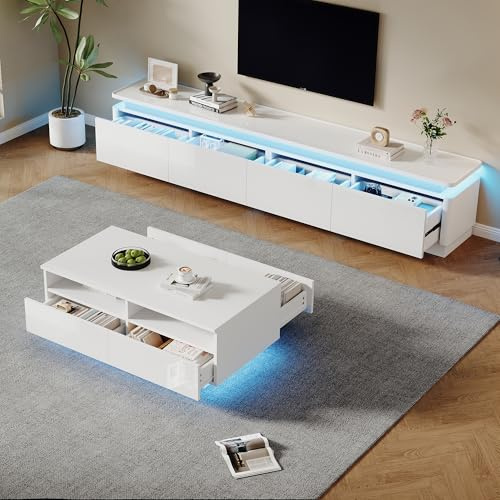 Lcoho Mueble de TV moderno y minimalista blanco brillante con luces LED + 4 cajones, apto para televisores de 75 pulgadas
