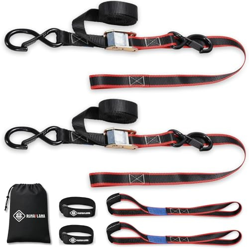 RUNAFLAMA - Cinchas de Amarre Moto - Eslingas de Carga para Remolque - Trinchas de Sujeción a Portamotos - Fuerza Rotura 550 kgf/Cinta - 2 Correas con Ganchos de 1,9m + 2 Eslingas de Amarre Cortas