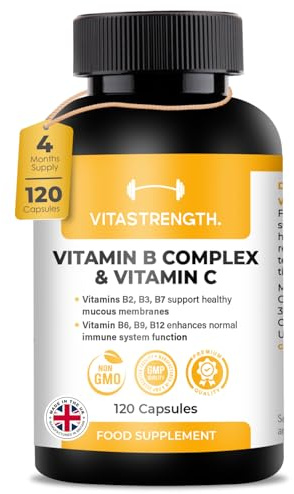 Vitastrength High Strength Vitamin B Complex & Vitamin C | B12 Vitamins & Choline | 120 Capsules (4 Month Supply) | Made in UK