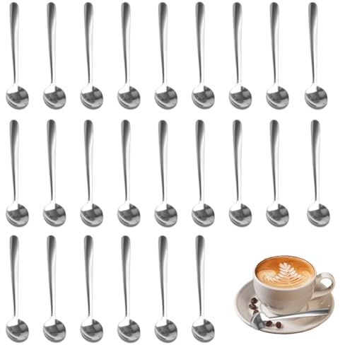 Lot de 24 Petites Cuillères en Acier Inoxydable, 13 cm Mini Cuillere a Cafe, Mini Cuillères à Épices Polies Miroir, Lavables au Lave-vaisselle, Cuillere a Dessert pour Maison, Restaurant, Hôtel