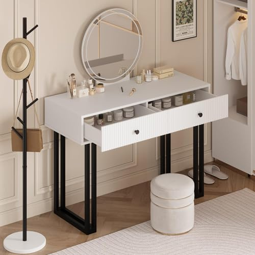 OPULENTHOME - Tocador con espejo LED ajustable, 3 tonos ajustables, mesa de maquillaje blanco con 2 cajones y patas metálicas, escritorio escandinavo para dormitorio, vestidor (125 x 100 x 40 cm)