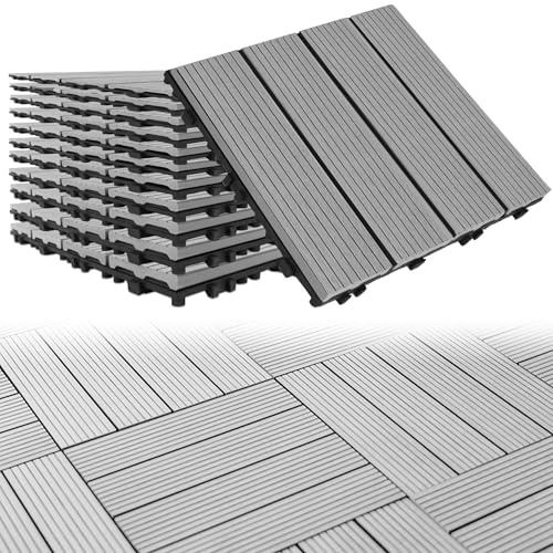 Suusolny 11er Set WPC Terrassenfliesen 30x30 cm, Klickfliesen mit Holzoptik & Drainage, Wetterfeste Kunststoff Bodenfliesen für Balkon Terrasse Garten, Hellgrau