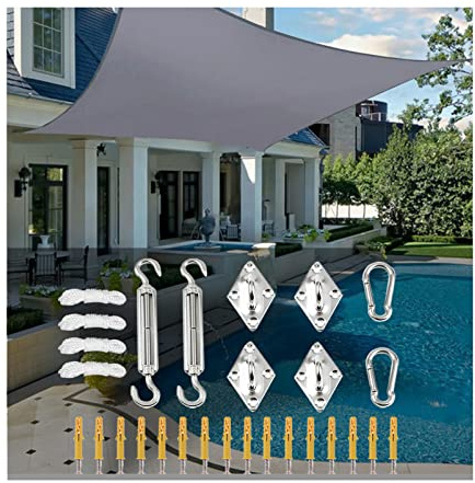 3x5m Gray Shade Sail Rectangle Canopy Fabric Sunscreen Awning UV Block Waterproof Sun Shade Sail with Fixing Kit for Outdoor Patio Garden Backyard Balcony