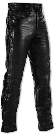 A-pro Pantalon Cuir Lacets Moto Motard Chopper Touring Modele 5 Poches noir 34