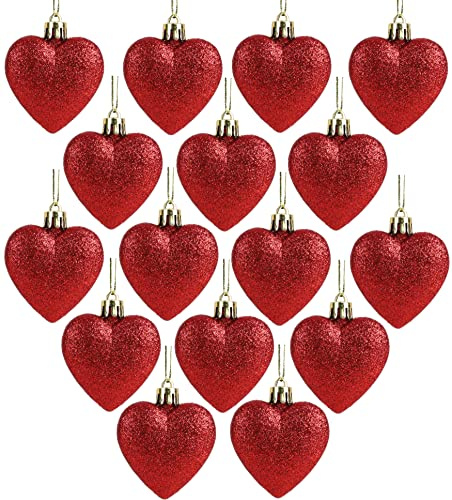 Christmas Concepts® 16 x 60mm Bagattelle Rosse a Forma di Cuore con Fiocchi di Neve Scintillante - Palline ricoperte di Glitter - Decorazioni di Lusso