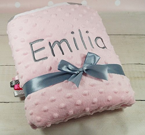 MitNamen ★ Babydecke und Datum Bestickt ★ Minky ★ Baumwolle ★ Füllung ★ (75 x 100 cm, Sterne - Hellrosa) (900102)