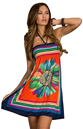 OCTOPUSIR Women Sleeveless Strapless Beach Sundress Ladies Summer Ethnic Bohemian Off Shoulder Floral Printed Bandeau Boobtube Casual Mini Cover Up Dress,Colour 18