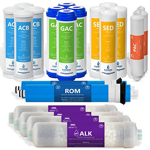Express Water – 2 Years Alkaline Reverse Osmosis System Replacement Filter Set – 20 Filters with 50 GPD RO Membrane – 10 inch Size Water Filters