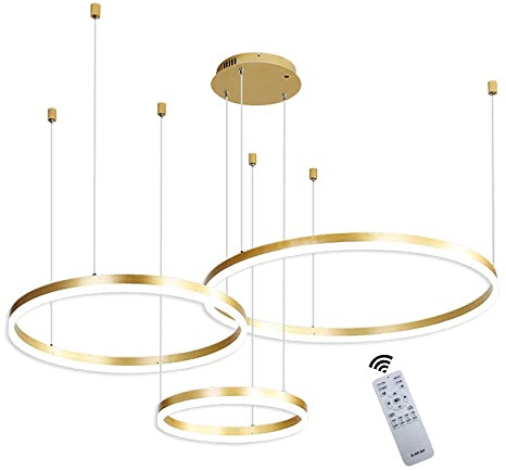 LED Pendelleuchte Modern Dimmbar Pendellampe Esstischlampe 45W 3-Ring Höhenverstellbar Hängeleuchte Gold Aluminium Acryl Kronleuchter mit fernbedienung Wohnzimmer Esszimmer Hängelampe 20+40+60cm…