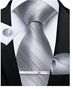 DiBanGu Cravatta Tinta Unita in Seta Tessuto Plaid Con Fazzoletto e Gemelli - Set Formale per Matrimonio e Affari, Colore: Grigio Argento, Taglia Unica