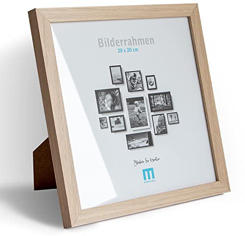 Cadre photo moderne et intemporel en bois MDF naturel pour petites photos et images de 20 x 20 cm avec protection en verre acrylique. Il peut être utilisé comme support de table ou à poser au mur, en