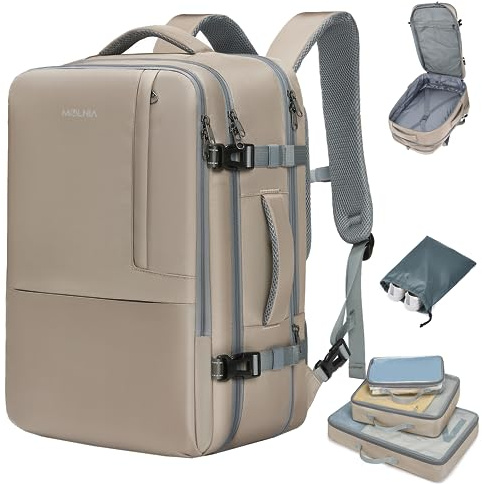 MOLNIA Grand sac à dos de voyage, 47 L, sac à dos pour ordinateur portable de 17,3, approuvé par les vols, valise d'affaires extensible, A-beige (avec cubes d'emballage), X-Large-Expandable, Sac à