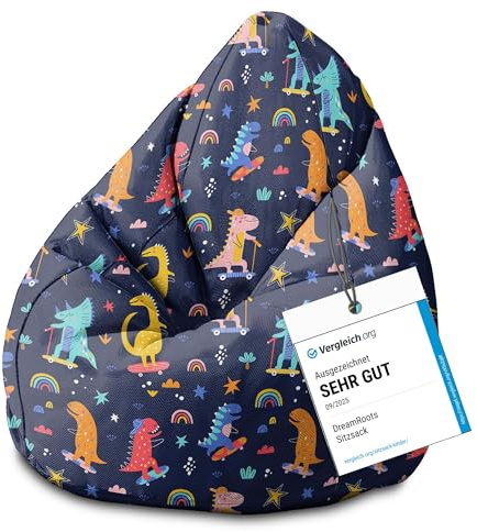 DreamRoots Sitzsack Kinder 70x70x105, Skater Dinosaurs | Bean Bag Kinder mit Lehne, Hocker & Bezug, Sitzkissen Boden, Bubibag, mit Füllung, Kinderzimmer