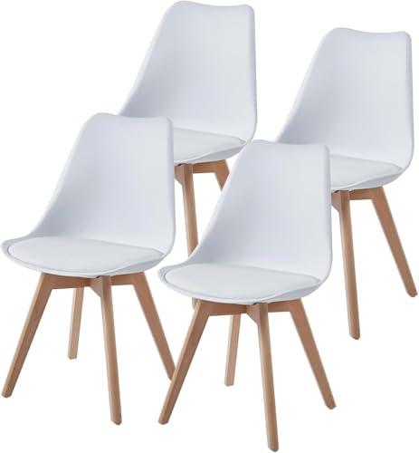 TEENO Set Esszimmerstühle Holzbeine Vintage Bürostuhl Massivbuche Kissen Sitz (4, Weiß)
