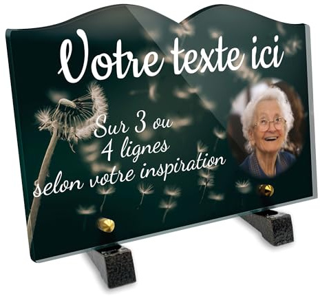 Plaque funéraire Livre avec Photo Personnalisable en plexi Motif Pissenlit, différentes Tailles, épaisseur 6mm, personnalisée sur Plusieurs Lignes 22x15 cm