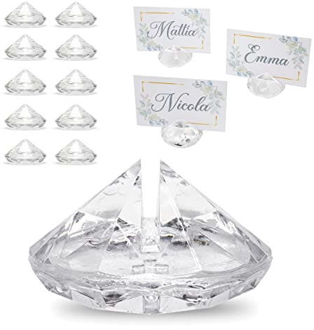 Decoraparty 10 Diamants Transparents Marque place, Supports pour Cartes de Noms, Décoration porte numéros de table, Porteurs de Cartes de place pour Fête, Anniversaire, Mariage, Baptême, ⌀ 4 cm