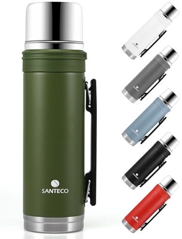 SANTECO Thermoskanne 1L - Thermoskanne mit Trinkbecher für unterwegs - Thermosflasche Edelstahl mit griff - Auslaufsicher Isolierflasche Kaffee & Tee - BPA Frei, für Heiß und Kalt