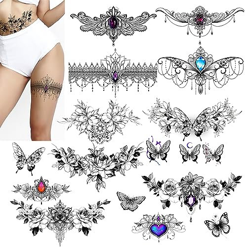 Florale Temporäre Tattoos für Frauen - Extra große, exquisite und sexy Tattoos für Arme, Oberschenkel und Rücken (Rose Pattern, Set 1)