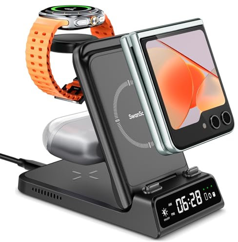 Cargador Inalámbrico para Samsung Z Flip 7/Watch 8/8 Classic, 3 en 1 Estación de Carga para Galaxy Z Flip7 FE/6/5/4/3/2, Galaxy Watch Ultra 2025/7/6/5/5/4/3, Galaxy Buds 3, SwanScout 703F (No Adapter)