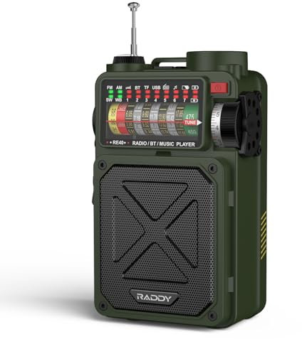 Raddy RE40 Radio de Onda Corta Receptor FM/Am/SW, Radio de manivela con Altavoz BT con batería de 4000 mAh, con Ruido Blanco, SOS, Soporte USB, Tarjeta Micro SD