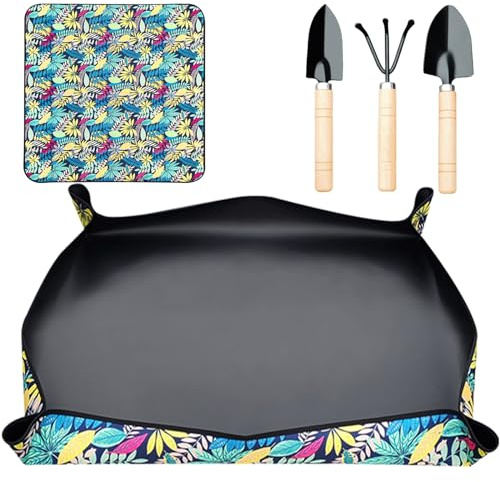 Tefola Plant Repotting Mat,100 * 100cm Foldable Plant Transplanting Mat + 3 Gardening Tools,Repotting Mat for Indoor Plants,Gardening Tools Include: Shovels, Spades And Rakes