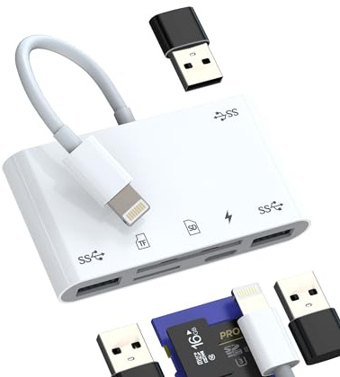 USB OTG Adapter for iPhone(6in1)Lightning Cable Charger for Apple MFI Certified Micro SD TF Card Reader Camera Memory Viewer Flash Drive Stick Data Sync Hub 14 13 12 11 Pro Max XS XR 8 7Plus for iPad