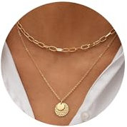 FUNEIA Kette Gold Damen Layered Halskette 14k Vergoldet Kette mit Anhänger Rundem Plättchen Choker Doppelkette Multilayer Zarte Wasserfester Hypoallergene Goldene Ketten Modeschmuck Für Frauen Mädchen