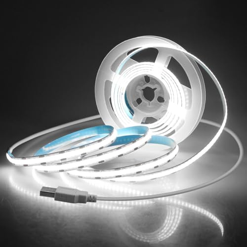 Aclorol 5V USB COB LED Streifen 2M Kaltweiß 6000K TV LED Hintergrundbeleuchtung mit 1M USB-Netzkabel Flexibel und Zuschneidbar für Küchenschrank Schlafzimmer Heimbeleuchtung Dekoration 320LEDs/M