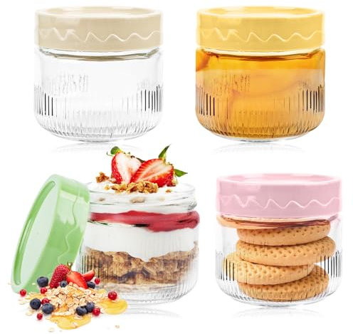 SUPRROW Confezione da 4 barattoli colorati da 250 ml per avena, riutilizzabili, con coperchio a vite, ideali per avena, yogurt, insalata, condimenti, marmellate, gelatine, salse piccanti, miele, 9 x