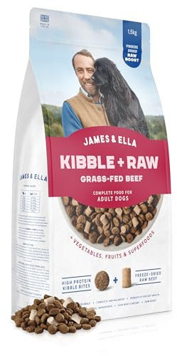 James & Ella Kibble + Raw Dog Food - Grass Fed Beef (1.5kg) ❘ Nutritious High Protein Kibble Combined with Freeze-Dried Raw Meat Nuggets, Contains Essential Oils & Minerals, Grain & Gluten Free