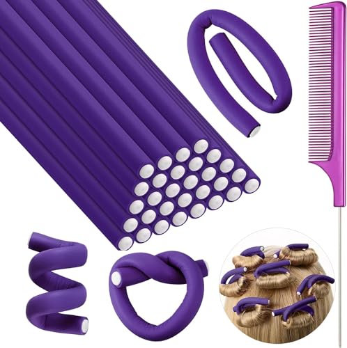 SHAPEPOTY 30 Stück Flexible Lockenstab Twist Schaum Lockenwickler Weich Schaum Keine Hitze Lockenwickler und 1 Stahl Rattenschwanz Kamm für Damen Mädchen Lang und Kurz Haar (24 * 0.8CM, Lila)