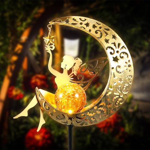 Fairy Garden Ornaments Outdoor Solar Garden Lights Outdoor Decor Metal Fairy Moon Solar Lights for Outdoor Garden Waterproof LED Stake Lights with Crackle Glass Ball for Lawn Yard, Garden Path