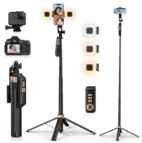 Avaspot 71 Selfie Stick Tripod - with 2 LED Fill Lights and Remote, All-in-one Extendable Phone Tripod Stand for Video Recording, Compatible with iPhone, Android, Camera & GoPro