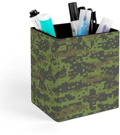 Woodland Digital Camo Pattern Desk Organizer Leather Square Pen Holder Stand Brush Scissor Holder Decoration for Office Desk Home Decorative