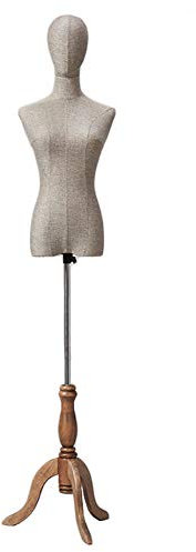Schaufensterpuppe, weiblicher Torso, Oberteil, Halbkörper, Schneiderpuppe, brauner Torso mit verstellbarem Dreibeinständer aus Holz zur Präsentation (mit Armen L)